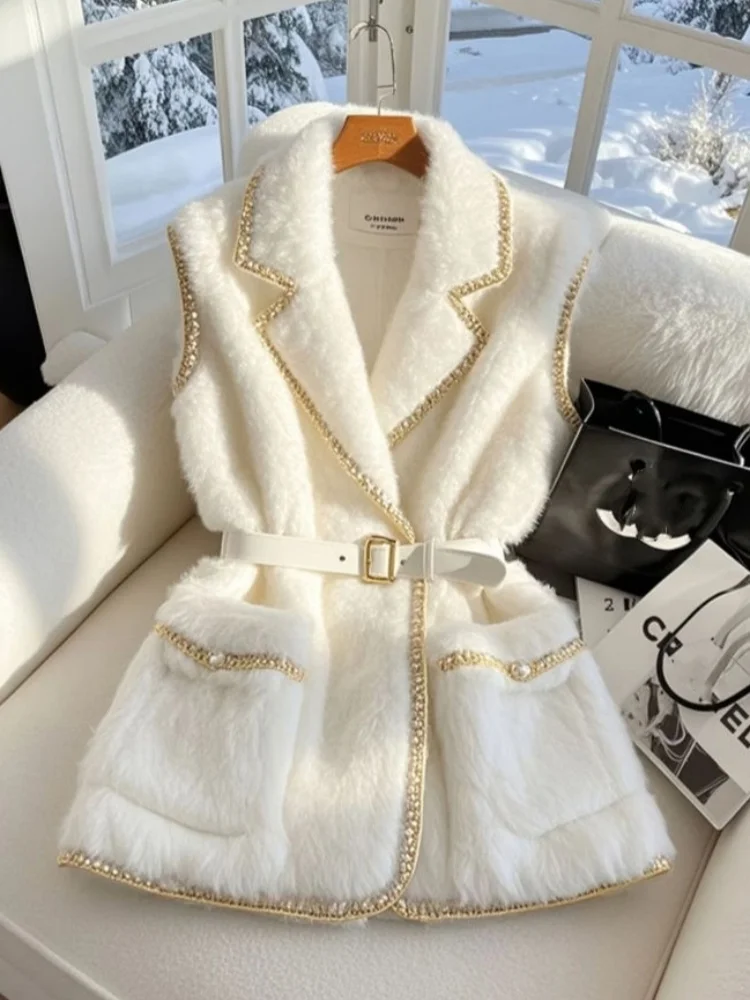 Winter Hoge Kwaliteit Dikker Bont Haar Blazers Vest Jas Luxe Gouden Zijden Rand Vrouwen Elegante Witte Mouwloze Jas Formele Dame