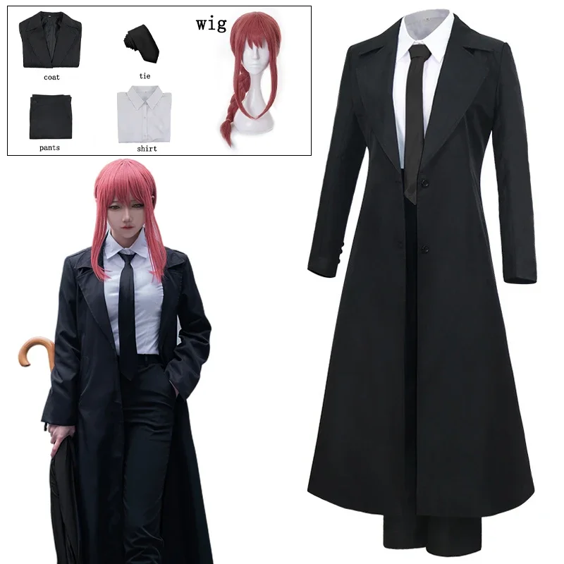 

Anime Chainsaw Man makima Cosplay Costume Uniform Black Trench Shirt Tie Pants Wig Halloween Carnival Costumes for Women