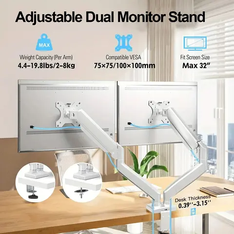 듀얼 모니터 최대 32인치 및 화면당 19.8lbs 기계식 암 데스크 마운트 VESA 100x100mm 높이 조절 가능 모니터 스탠드