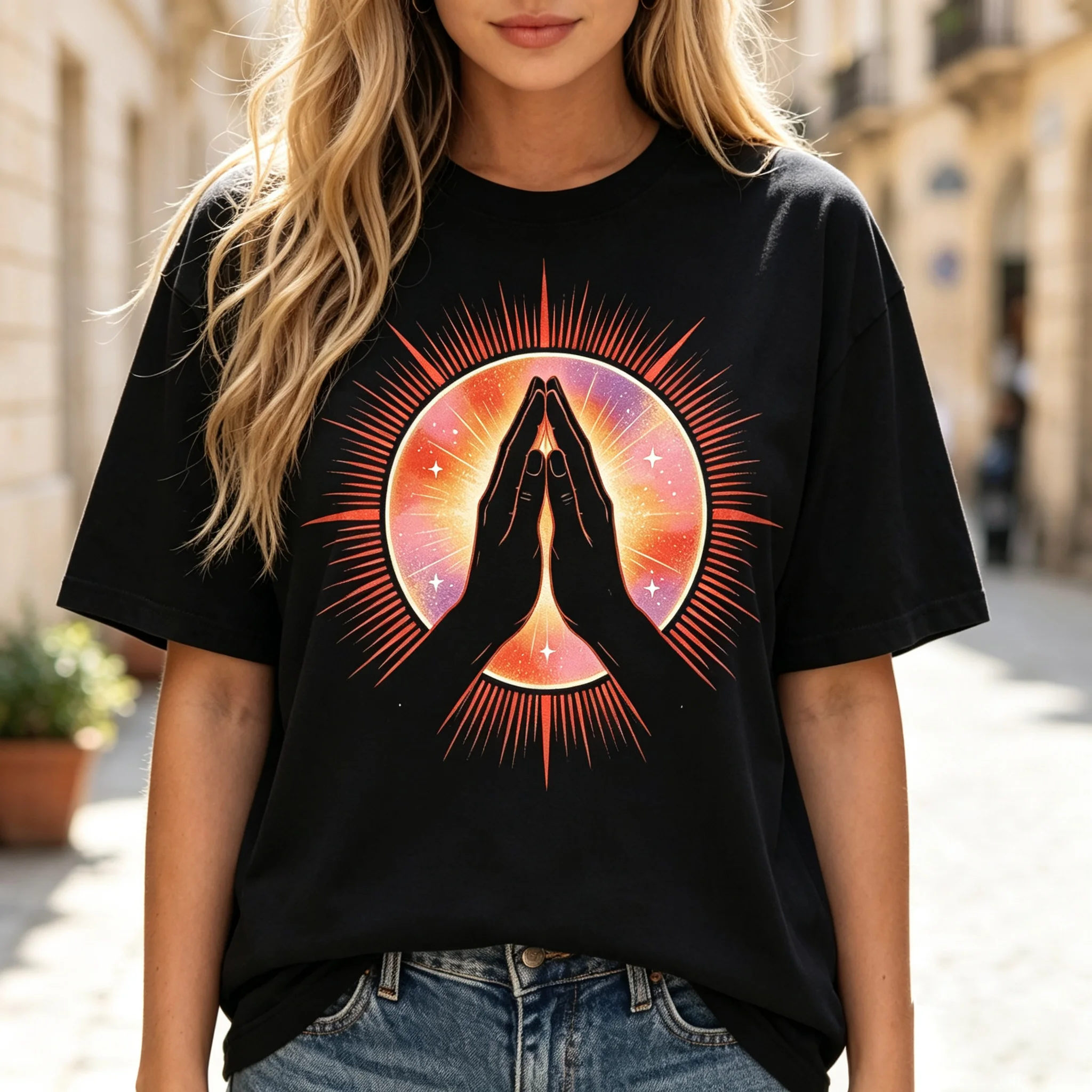 Praying Hands Cosmic Sunburst Galaxy Graphic T Shirt Spiritual Meditation Art Print Women Short Sleeve Casual Tee