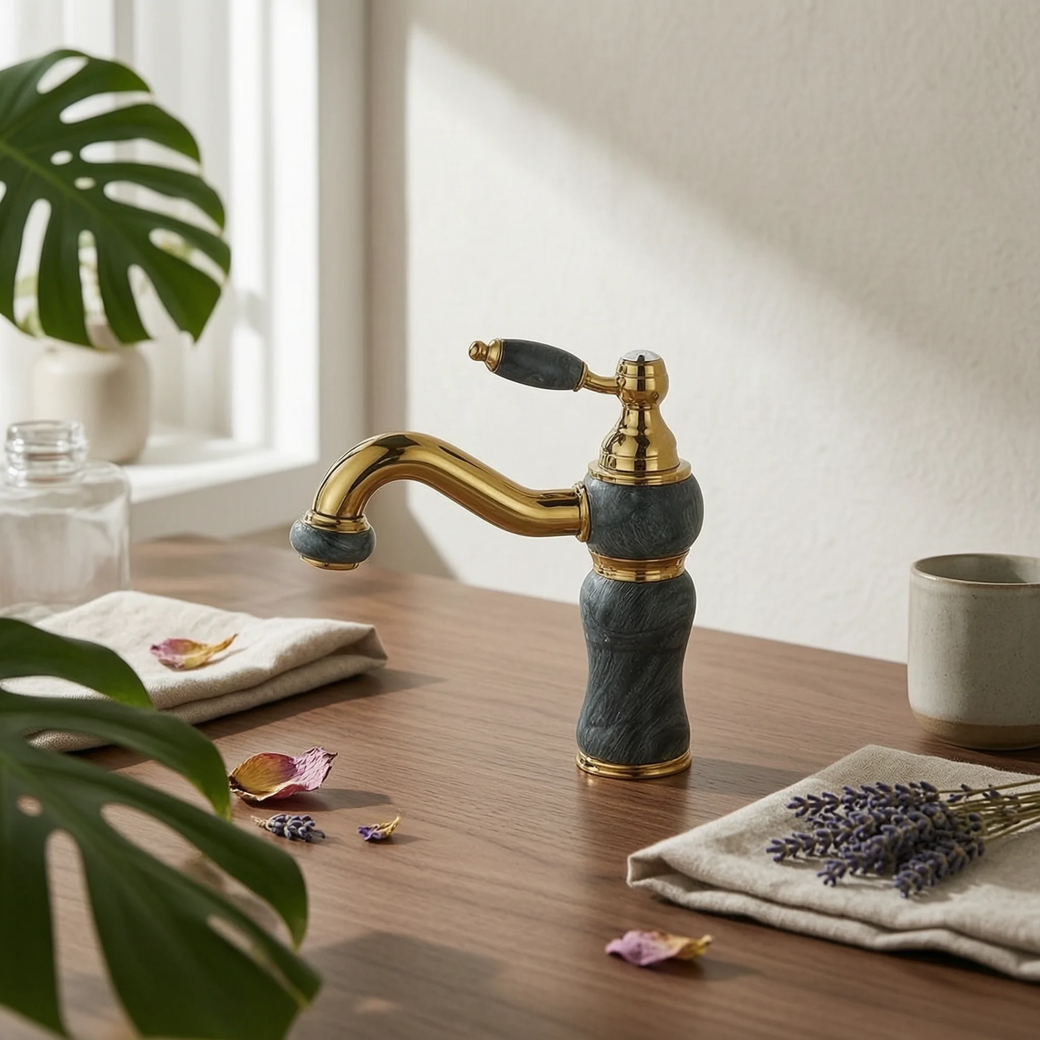 Faucet with Rotating Outlet Polished Gold Gooseneck Faucet Basin Tap Retro Rotatable for Bathroom, Powder Room