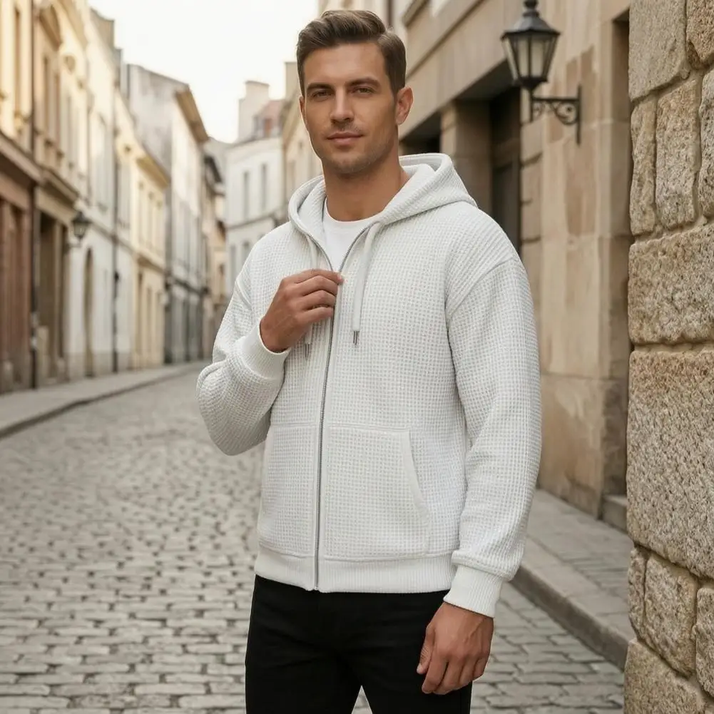 Gym Workout Running Sweatshirt Men's Waffle Knit Hooded Jacket with Adjustable Hood Zip Up Sweatshirt Outerwear Long Sleeve