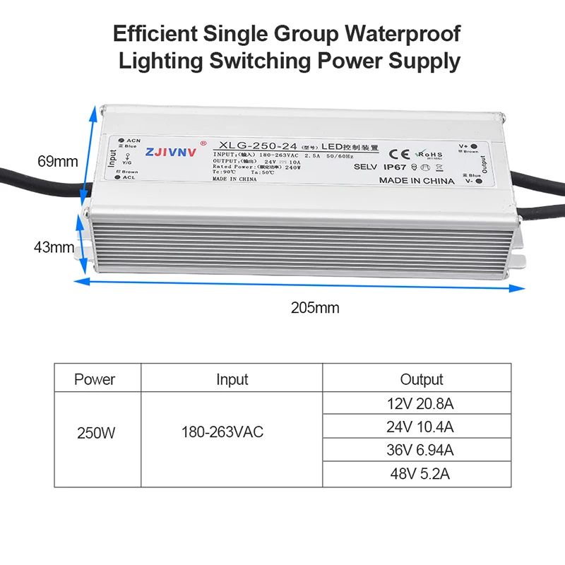 250W Waterproof IP67 Switching Power Supply Lighting Transformers LED Driver Power Adapter DC 12V 24V 36V 48V XLG-250