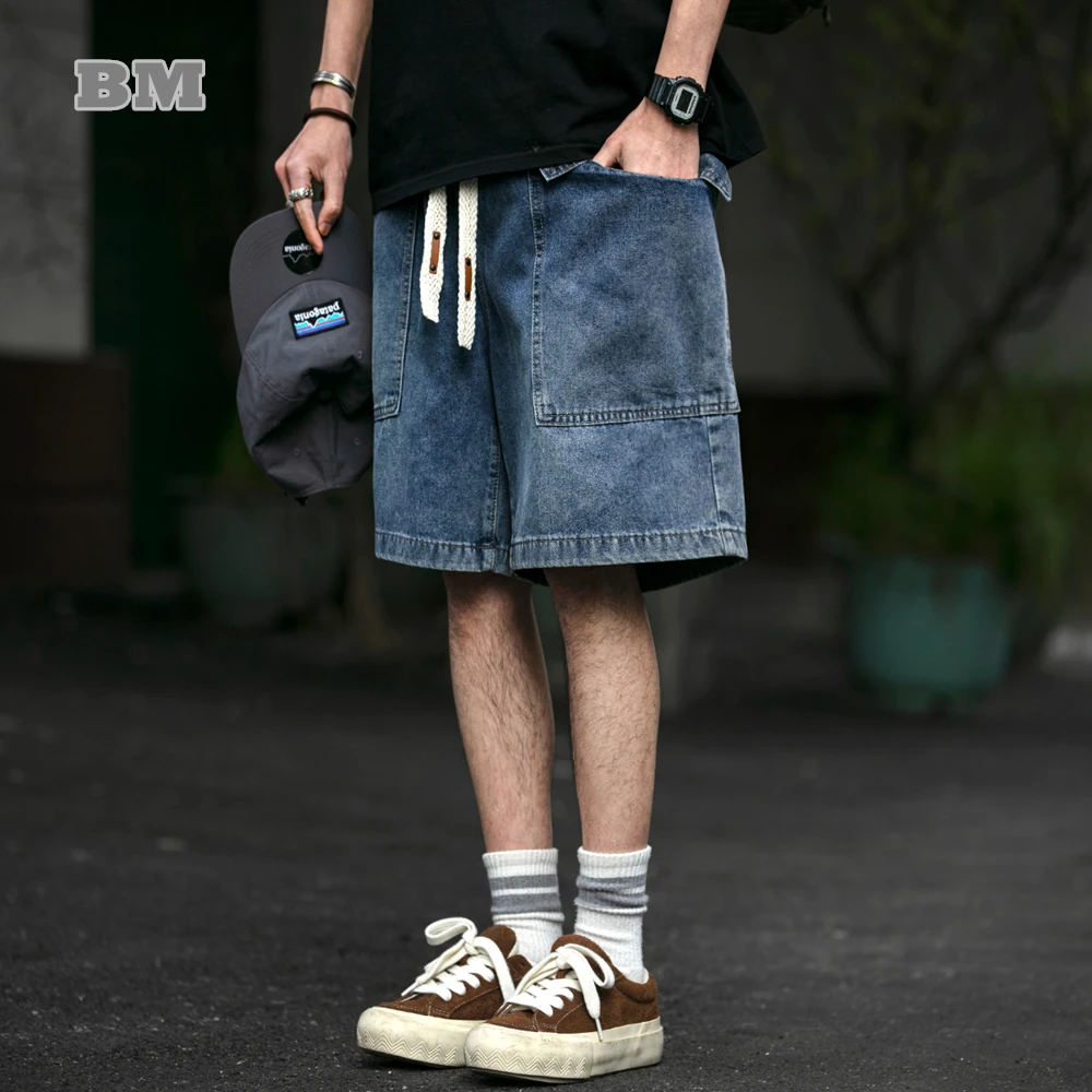 

Summer High Quality American Vintage Cargo Denim Shorts For Men Clothing Korean Fashion Blue Shorts Jeans Harajuku Casual Pants
