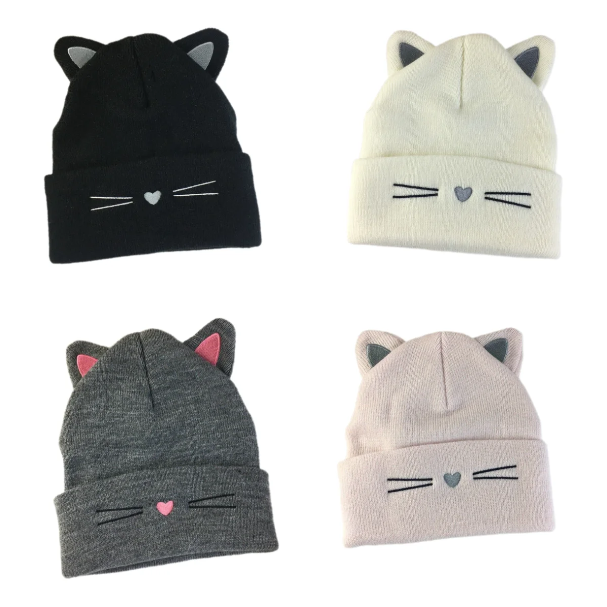 Cute Cat Embroidery Brimless Cap for Woman Autumn and Winter Soft Head Cap Outdoor Warm Ear Protection Cat's Ears Pullover Hat