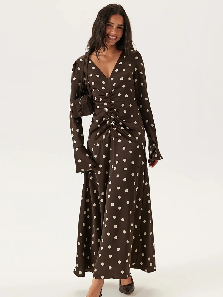 Trendix Brown Dot Print Maxi Dresses Femme Vintage Slim Pleated Long Sleeve Dress Autumn New Party Sexy V Neck Long Dress 2025