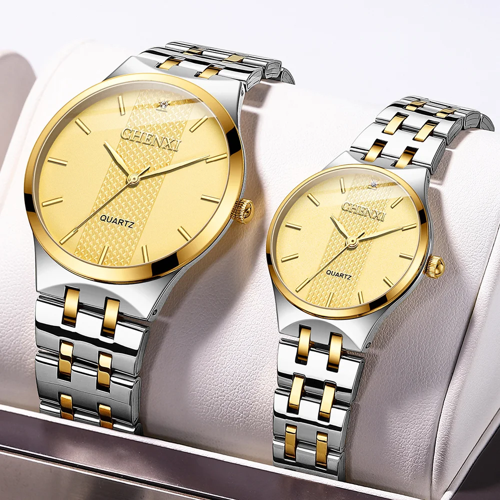 CHENXI 055B Paar Horloges Voor Vrouwen En Mannen Roestvrij Staal Waterdichte Quartz Horloges Mode Luxe Klok Set Geschenken