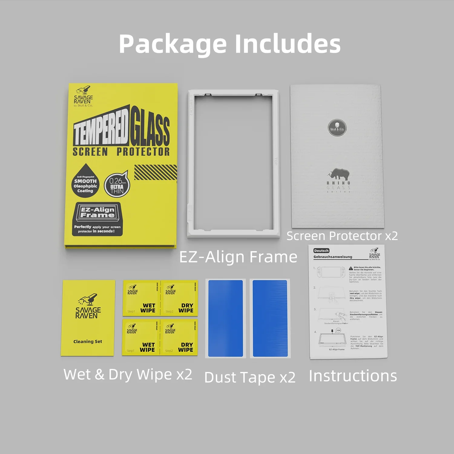 Savage Raven by Skull & Co. Screen Protector Tempered Glass Film with Positioner EZ-Align Frame for Nintendo Switch 2 (2 Pack)