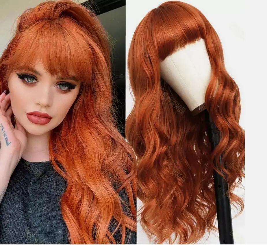 Wig tembaga merah bergelombang tanpa renda panjang, wig tahan panas lembut dengan poni