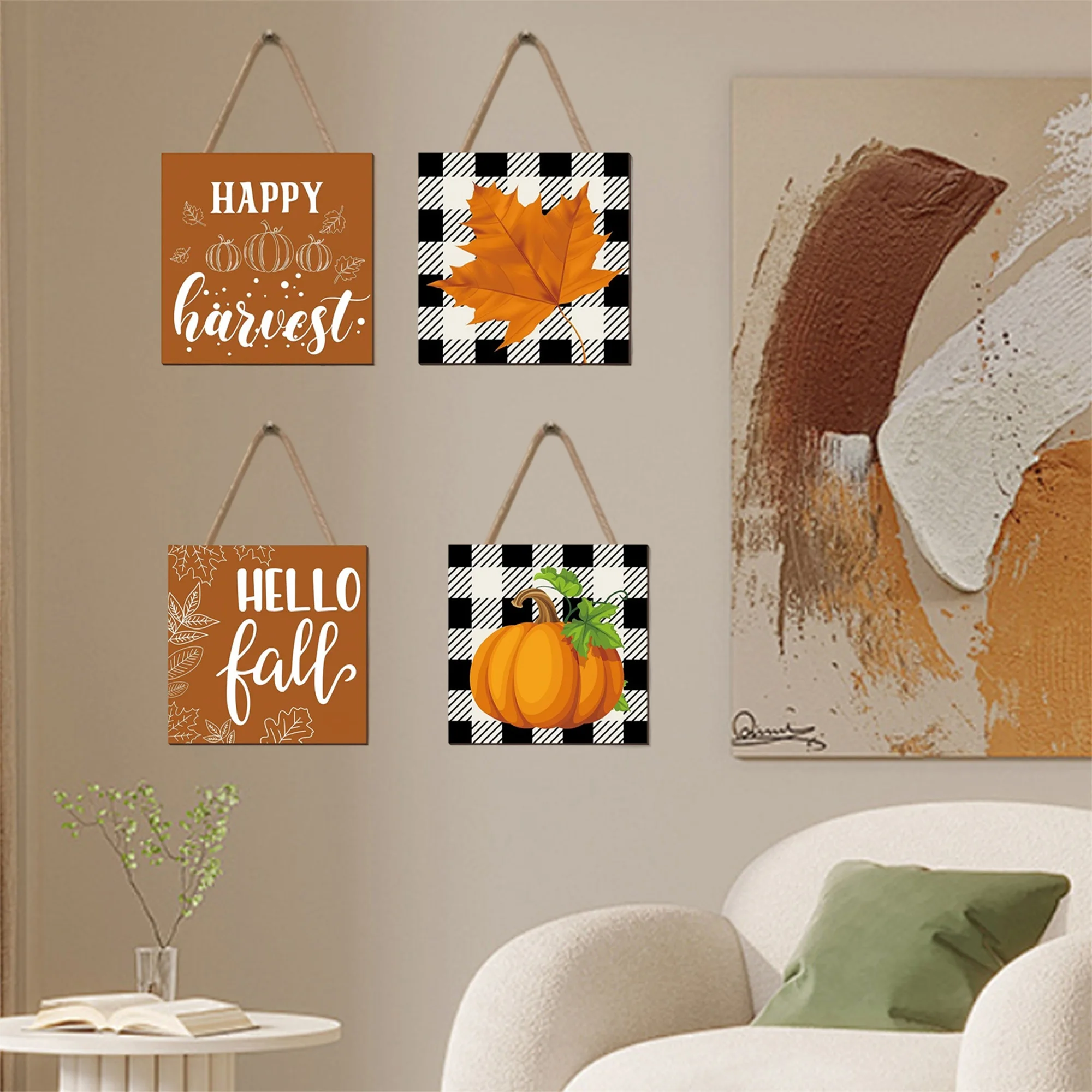 

Набор из 4 деревянных табличек на День Благодарения квадратной формы с узором тыквы и кленовых листьев для домашнего праздника