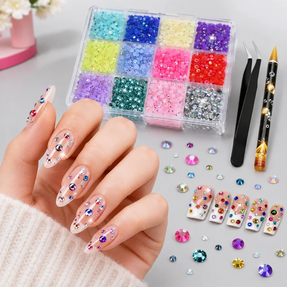 12Grids Premium Resin Nail Rhinestones Sleek Gloss Finish Round Flat Back 12 Shades for Bridal Event Manicure Decor