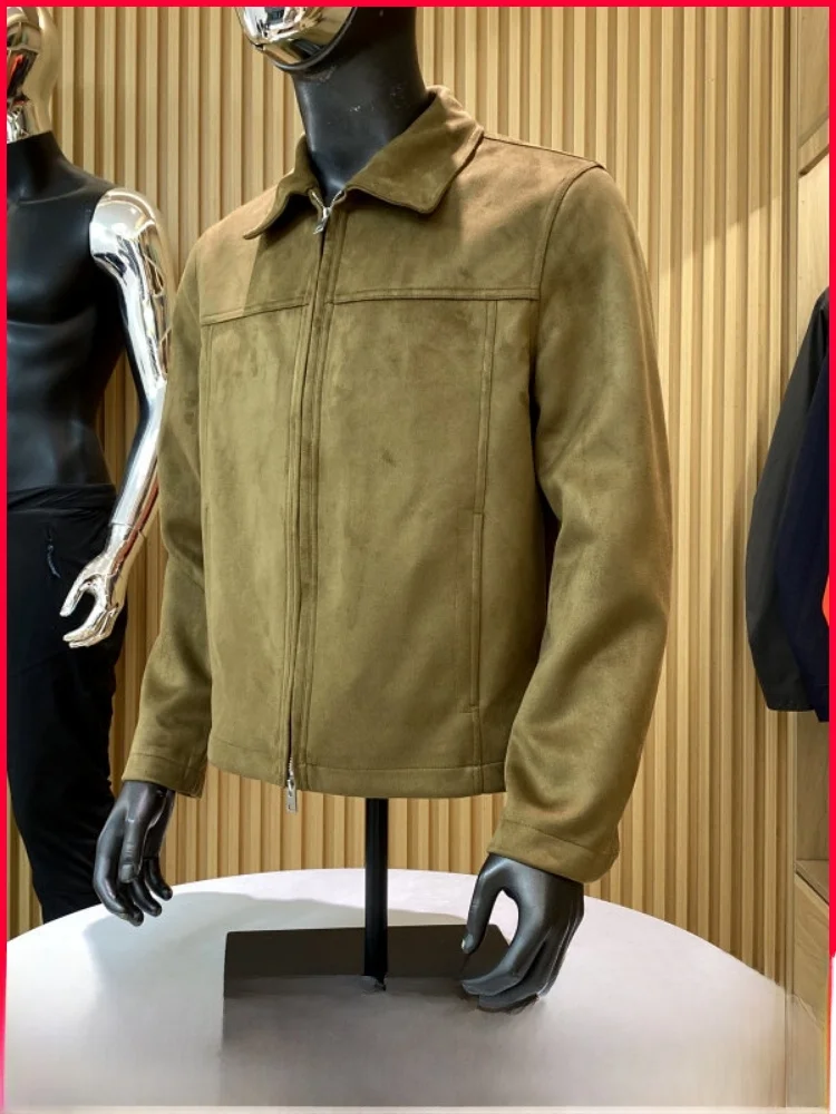 

Retro Sle Men's Faionable Suede Jaet Windproof Velvet Collar Zipper Closure Long Sve Youth Outerwear Coat