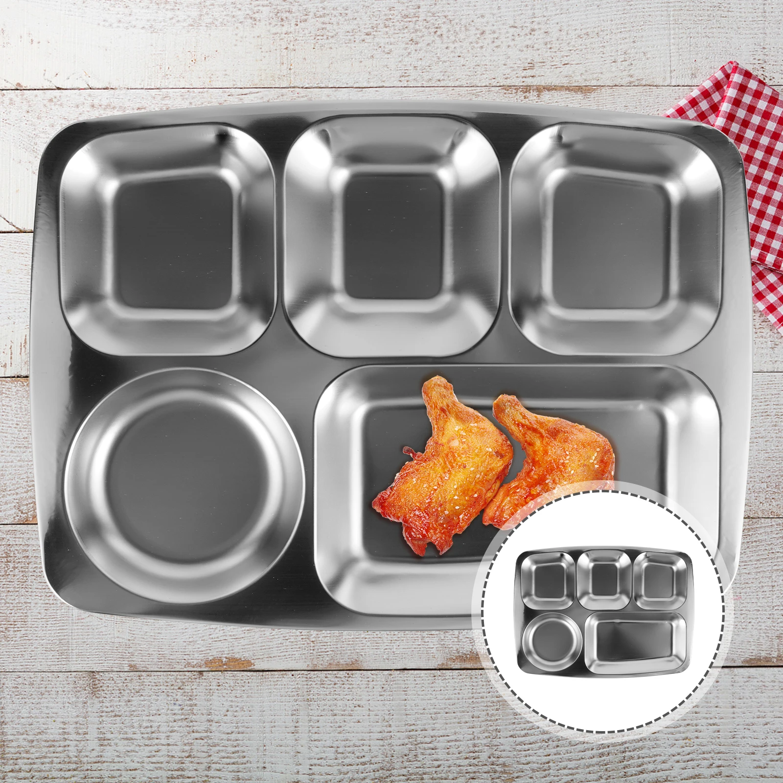 

1pc Stainless Steel Divided Food Tray 5-Compartment Lunch Plate Multi-Section Meal Dish Rust-Resistant Home School