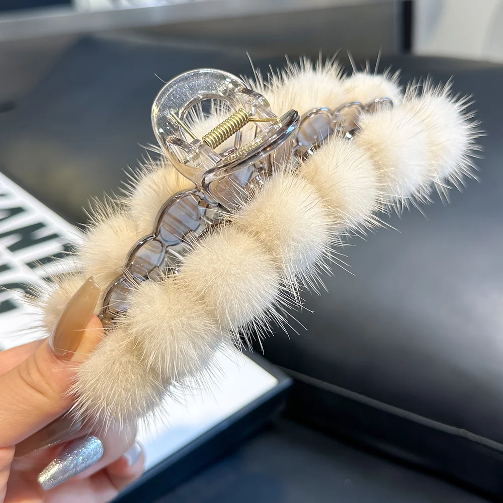 

Plush Fluffy Winter Large Rex Mink Fur Hair Claws Hairpins Plush Hair Clip Barrette Headwear For Women Girls Hair Accessories