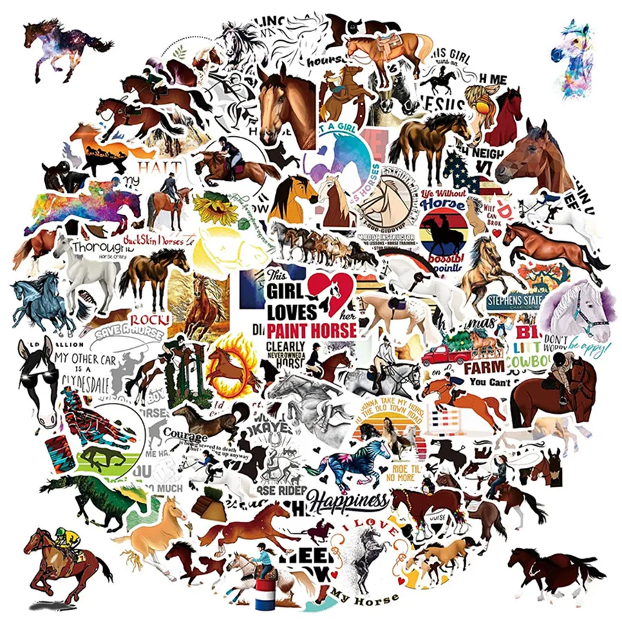 

100Pcs Horse Riding Stickers Waterproof Vinyl Horse Stickers Decals for MacBook HP Laptop Skin Guitar Phone Skaterboard Computer