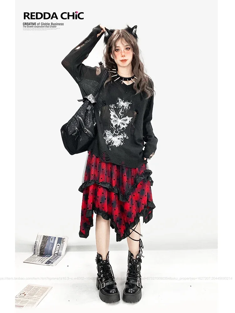 Gothic Lace Patchwork Plaid Fluffy Long Skirt, Spicy Girl Dress, Irregular Punk Skirt, Fashionable and Sexy, Y2k, Red, New