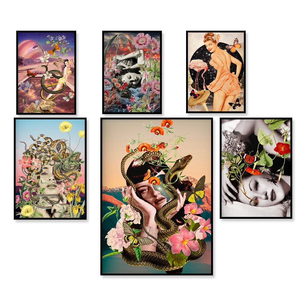

Blooming Medusa, Black Widow, Surreal Vintage Botanical Snake Collage Print 50s/60s Aesthetic Canvas Poster, Whimsical Art