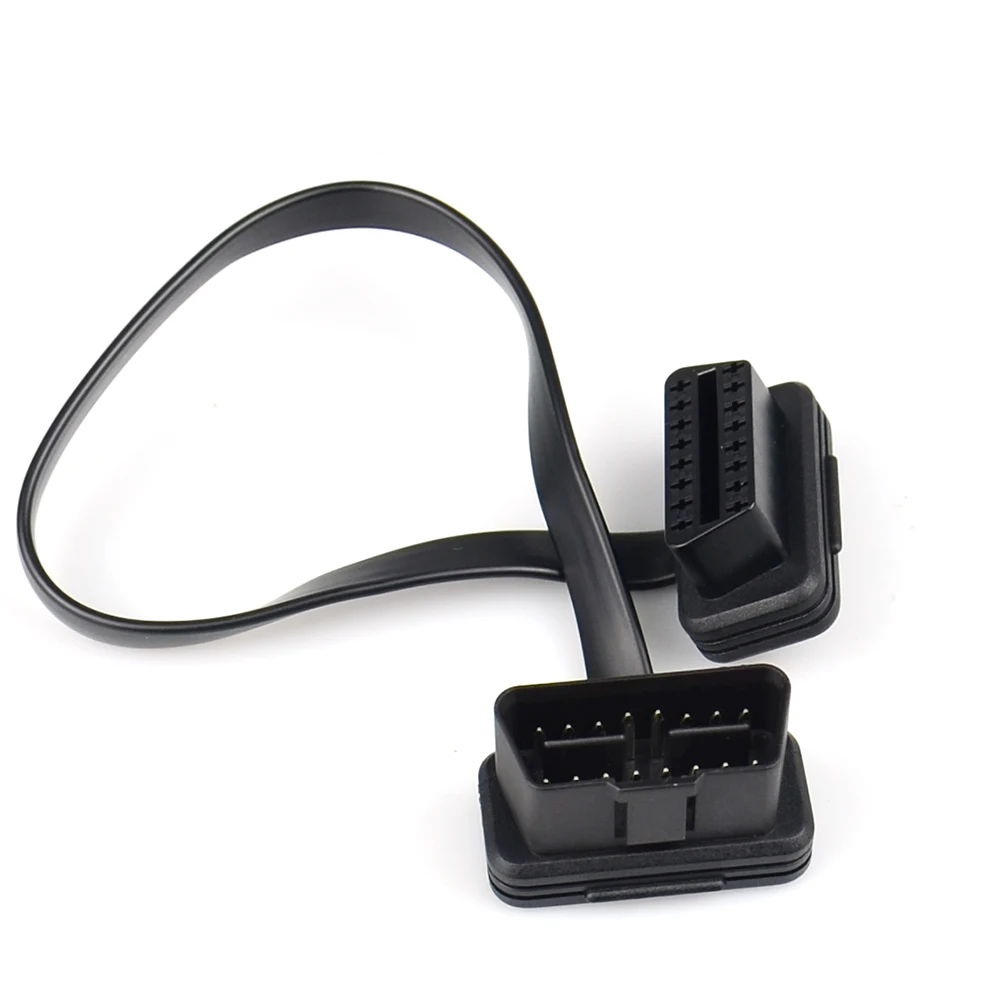 30cm/60cm Option Flat Thin OBD2 16Pin Extender Male To Female OBD 16 Pin Adapter Elbow OBDII ELM327 Extension Connector Cable