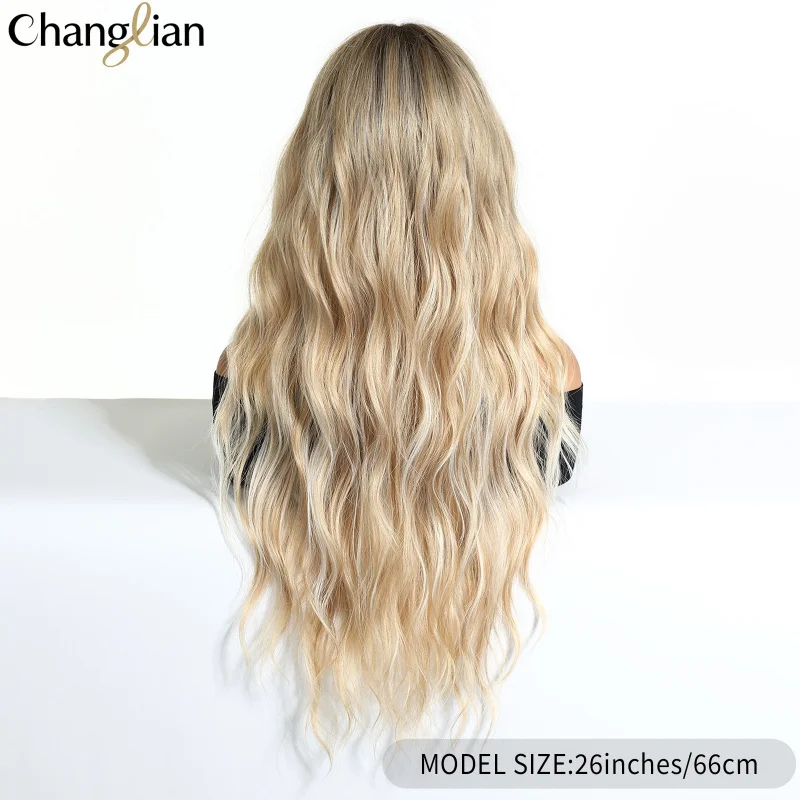 Platinum blonde highlights, large wavy long curly hair with a natural fluffy bangs, full head wig for women