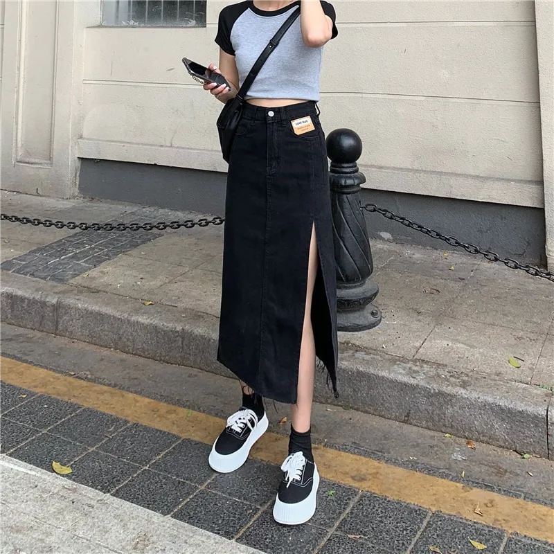 

High Waist A-Line Skirt Women's Denim Side Slit Casual Slimming Long Skirts Spring Autumn New Sle Casual Split Hem Jeans