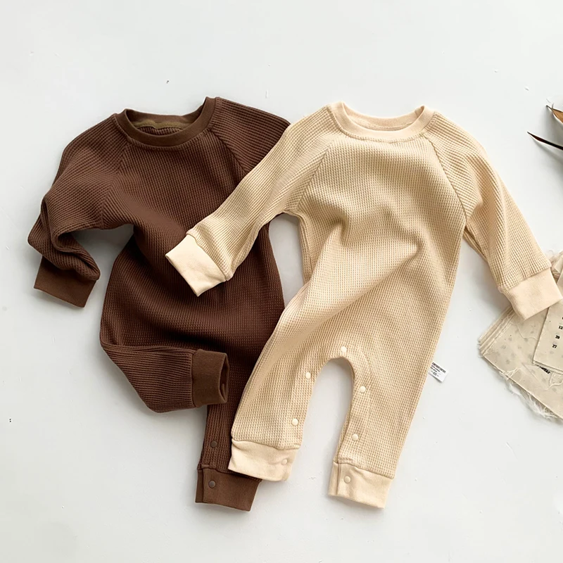 

2023 Autumn Infant Baby Boys Girls Jumpsuit Waffle Cotton Long Sleeve Solid Color Toddler Baby Boys Girl Romper Baby Clothing