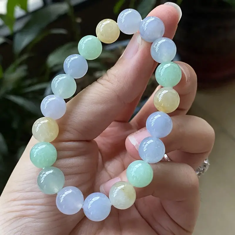 Natural Myanmar Jadeite Jade Ice-like Glue Moistening New Refined Macaron Multi Jewels Bracelet 10mm