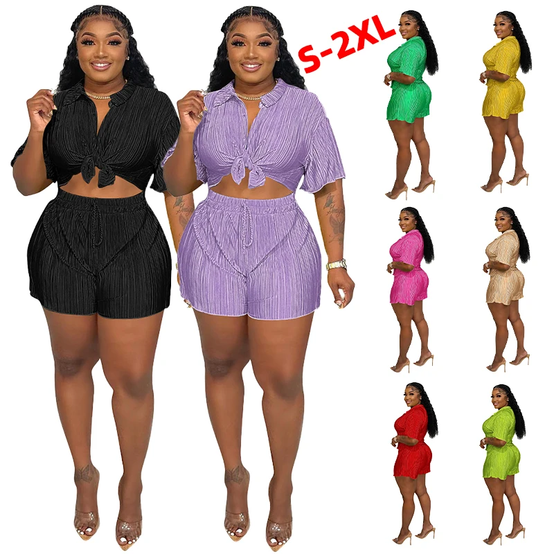 Women's Set Street Vintage Pleated Short Sleeve Shirt Blouse and Shorts Suit 2023 INS Two 2 Piece Set Outfit Tracksuit