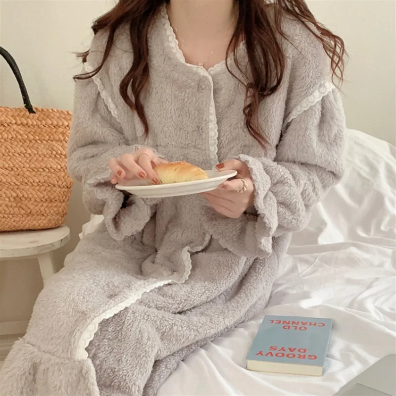 

Woman Winter Plush Pajamas Dress Thick Warm Loose Long-sleeved Loungewear Sleepwear Dresses Women Flannel Home Clothing