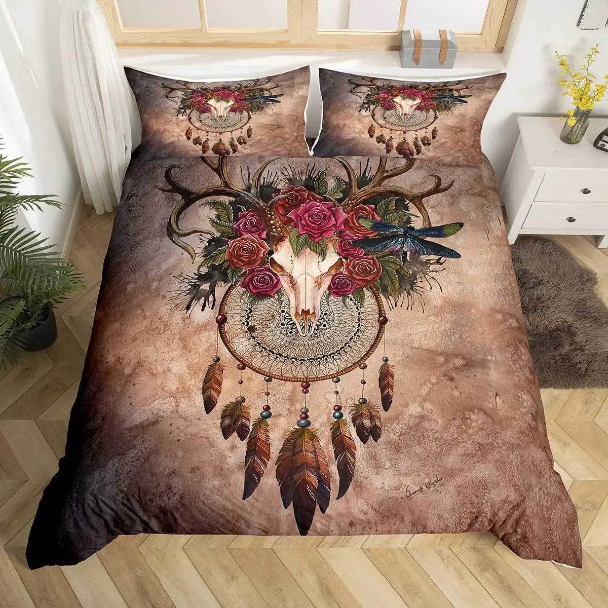 Boho Deer Head Rose Flowers Duvet Cover Set Dream Catcher Feathers Bedding Set Native American Tribal Ethnic Comforter Cover Set