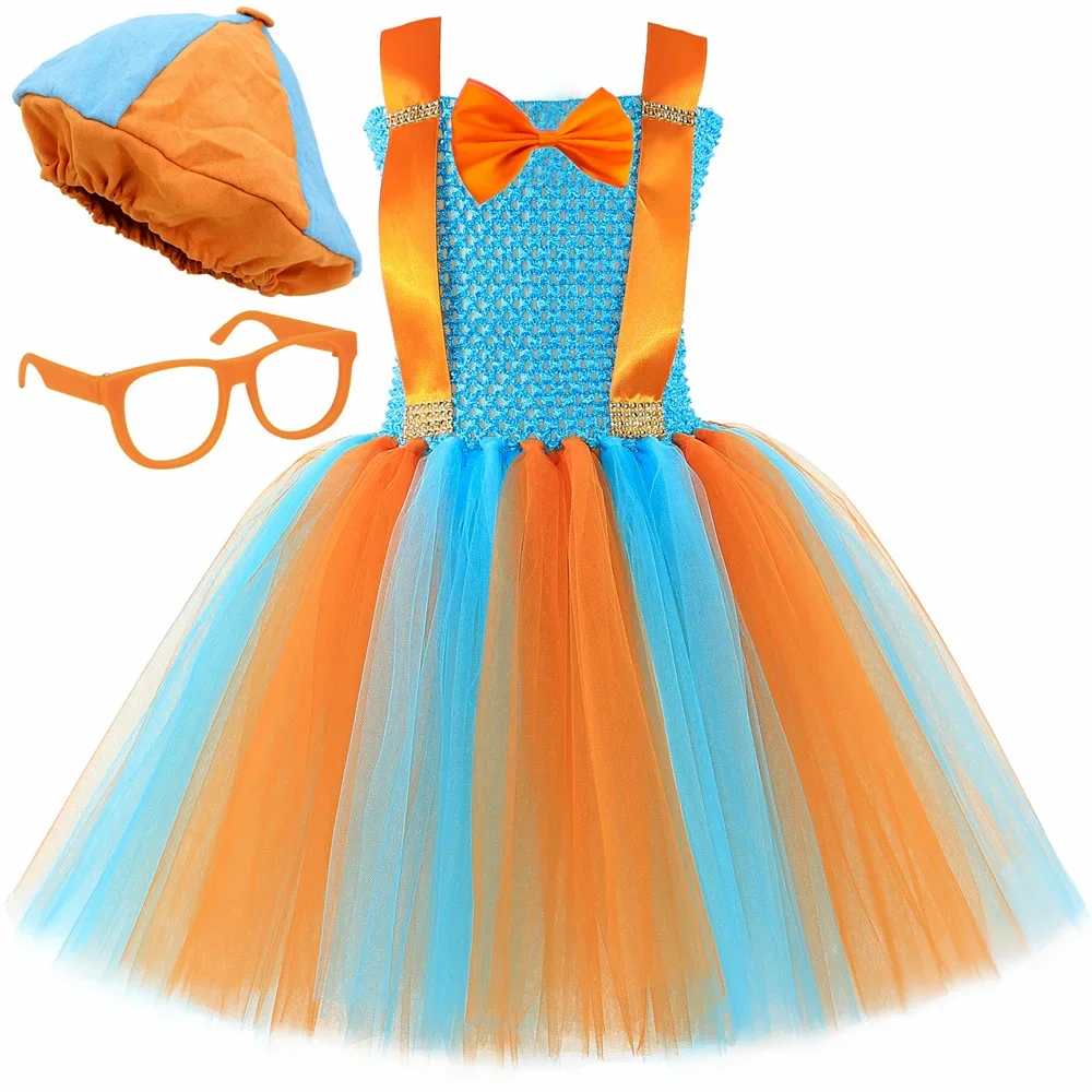 Kids Cartoon Cosplay Orange Skyblue Blipp Costume for Baby Girls English Teacher Tutu Dress Up Outfit Clothes with Hat Glasses