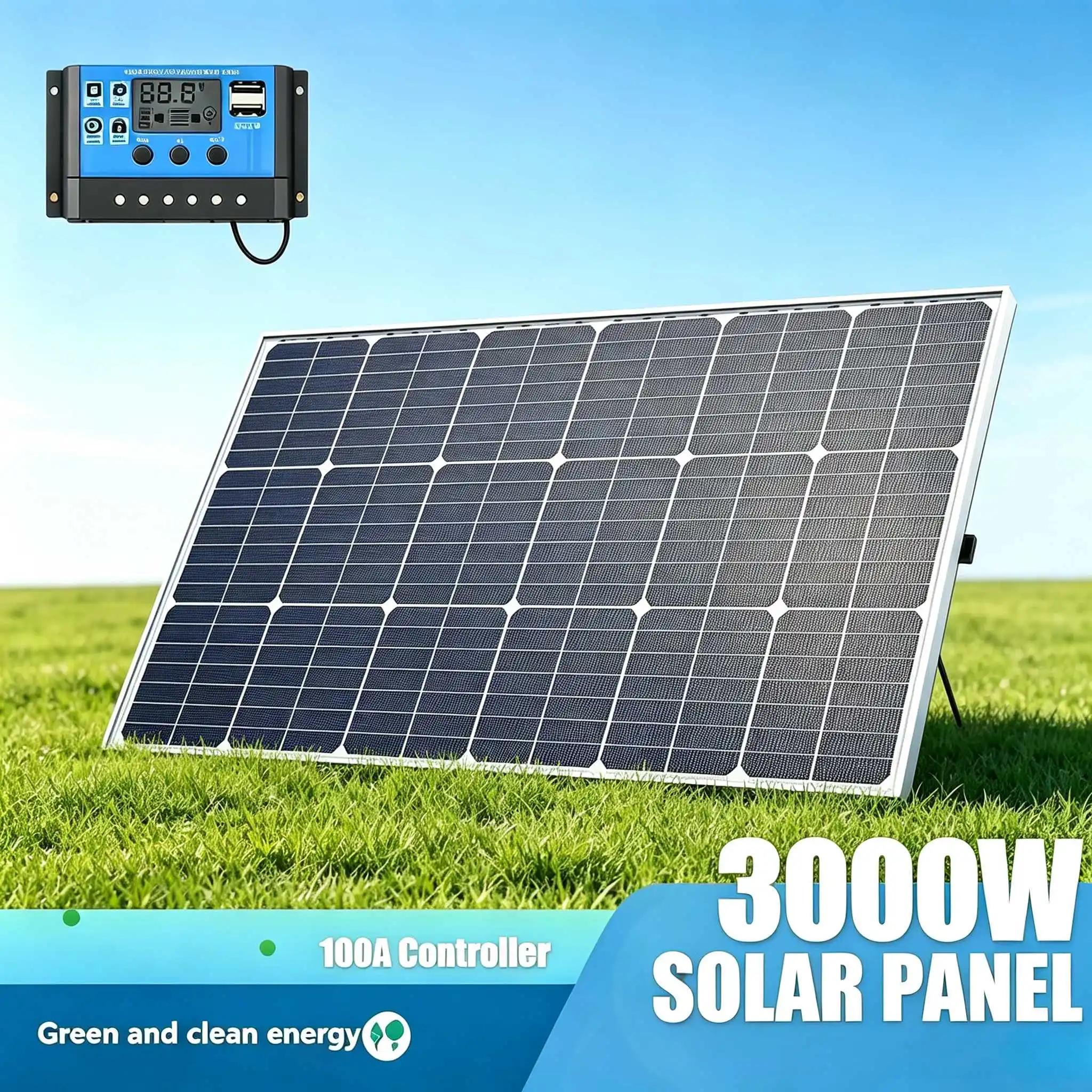 3000W Solar Panel Kit With 100A Charge Controller 120Ah LiFePO4 Battery PV Cables For Home Off-Grid Power Supply