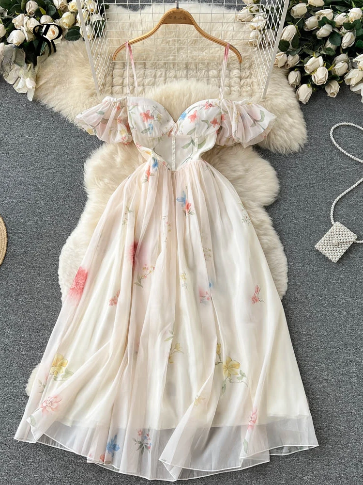 

2024 New Off The Shoulder Sexy Strap Dress Summer Strapless Corset Maxi Sundress Ladies Backless Bow Sweet Print Long Dress
