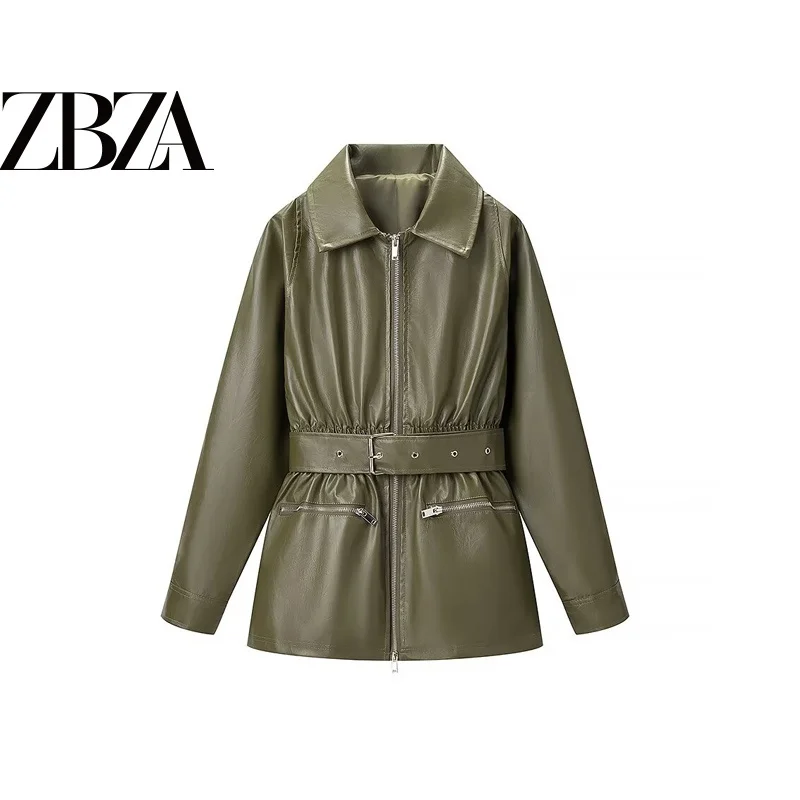 Green Elastic Waist Belted Leather Jacket ZR Style Commute Casual Versatile Women's Coat Pure Color Waist Cinching Long Sleeve