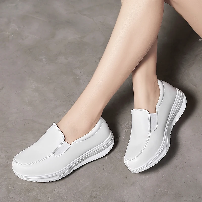 Womens Walking Shoes Loafers Wedges Slip-on Shake Shoes Thick Bottom Comfortable Nurse Work Shoes White   Sneakers Women