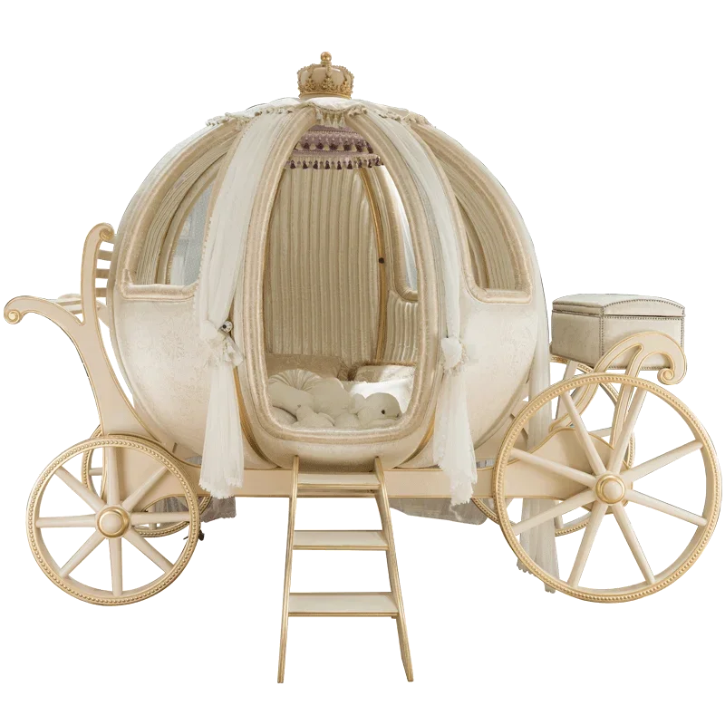 Solid wood cream wind children\'s European court fantasy boy girl pumpkin cart fabric bed K3