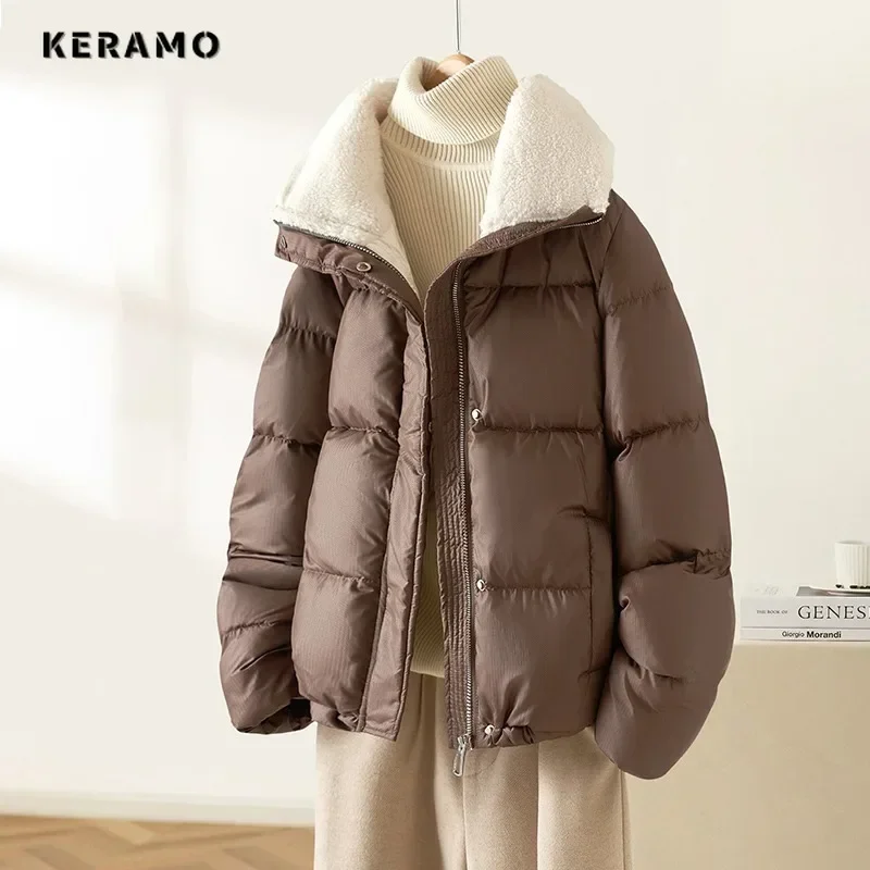 2024 Winter American Retro Style Zipper Parkas Warm Thick Solid Jacket For Women Casual Outerwear Vintage Fashion Baggy Coat