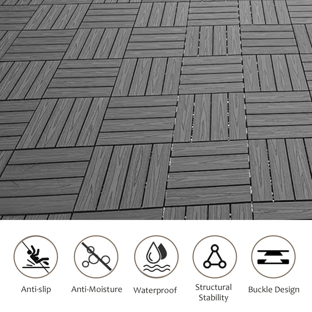 Wood Plastic Composite Deck Tiles Set of 20pcs, Composite Decking Resist RustIdeal for Patios, Balconies 12x12in Dark Grey