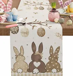 Easter Bunny Eggs Linen Table Runner Dresser Scarf Table Decor Rustic Spring Botanical Table Runners Kitchen Holiday Party Decor