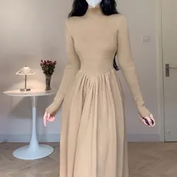Solid Half High Collar Long Sleeve Jersey Dress Elegant Fashion Harajuku Slim Fit Female Clothes Casual Sweat All Match Dresses