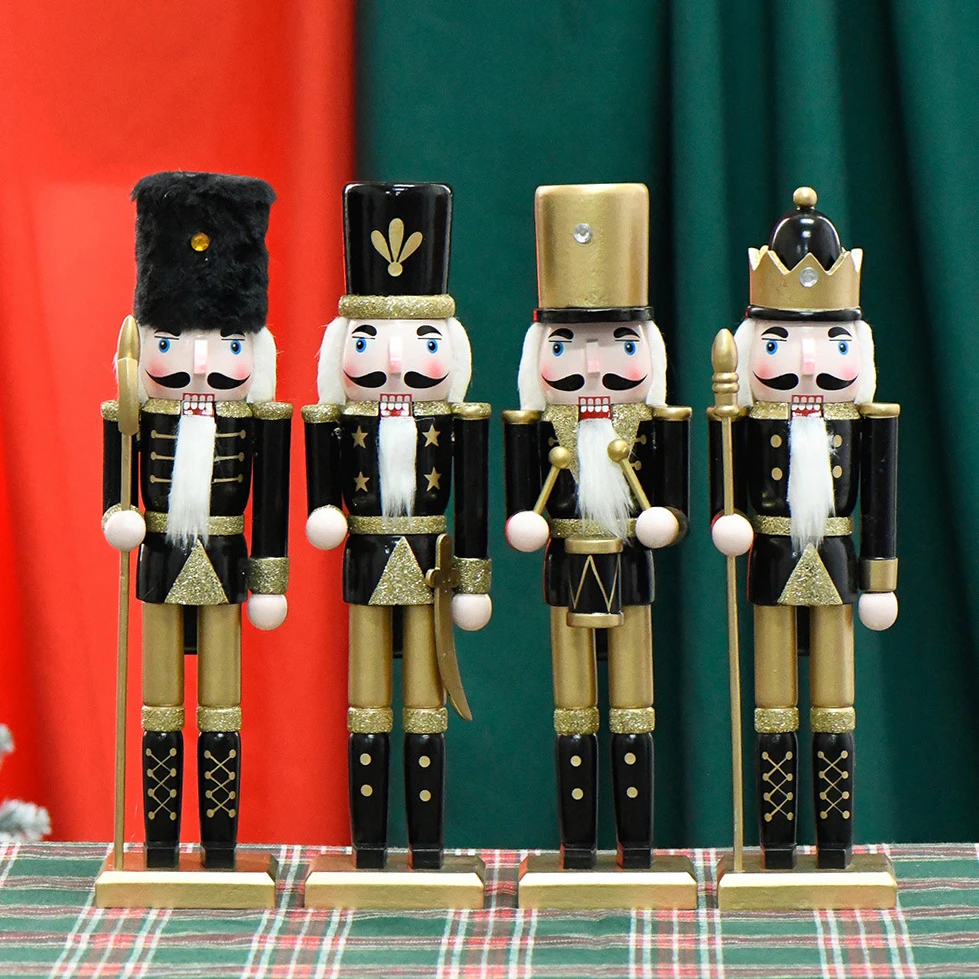 Cascanueces de madera negro y dorado de 30cm, soldado, figuras hechas a mano, marioneta, Cascanueces coleccionable festivo, decoración navideña de mesa