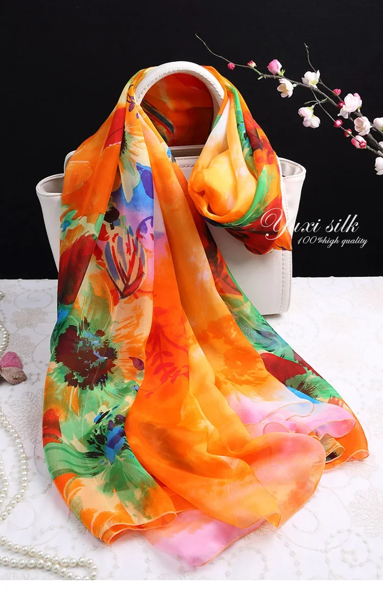 100%  silk scarf  Women Printed  Orange floral silk scarf ladies Hangzhou  all seasons  elegant  soft Long Shawl Wrap  spring
