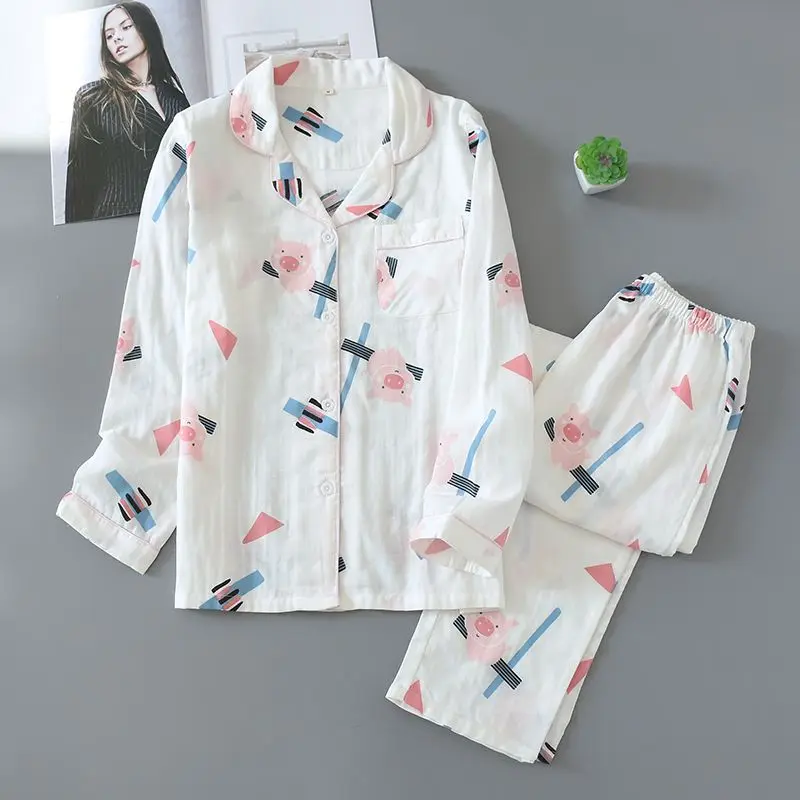 Druckt Baumwolle Nachtwäsche Frauen Langarm Cardigan lange Hosen Pyjama setzt zweiteiligen Anzug doppelte Baumwolle Lounge wear Kawaii Kleidung