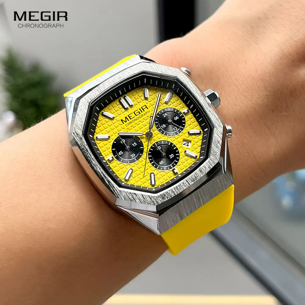 MEGIR Yellow Sport Watch Men Military Sport Chronograph Quartz Wristwatch with Date Octagon Dial Luminous Hands Silicone Strap