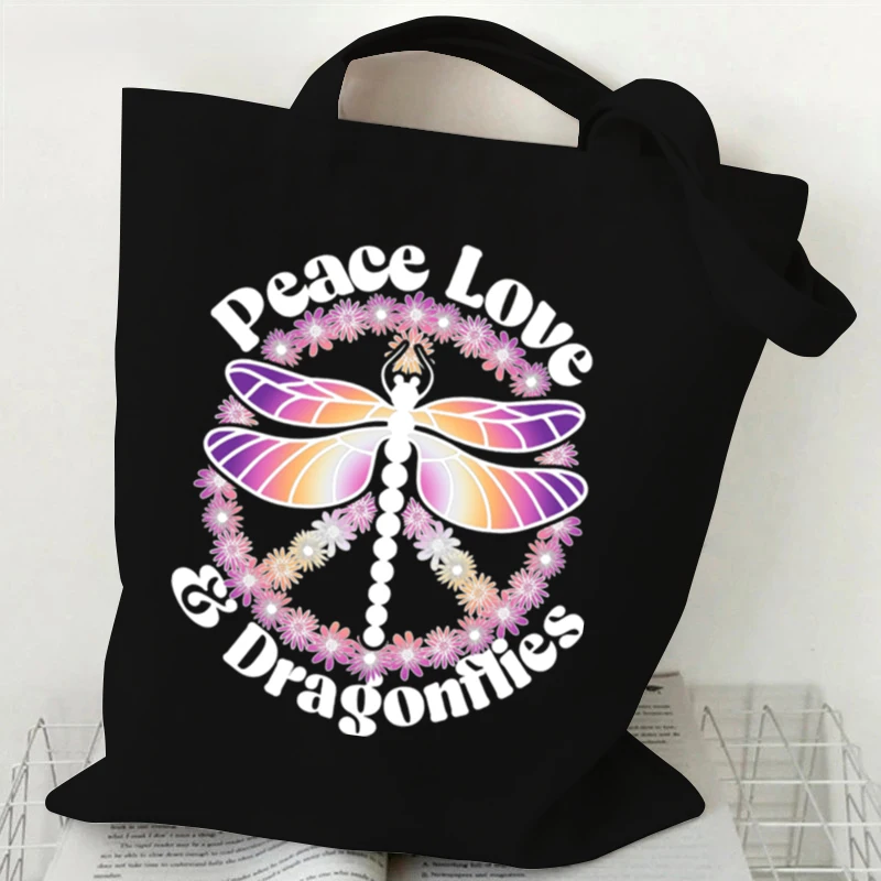 

Peace Love Dragonflies Print Canvas Tote Bag Women Single Shoulder Bag Student Summer Reusable Shopping Bags Purses Handbags