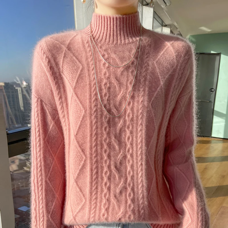 Turtleneck 100% Wool Sweater Women Fashion Solid Plaid Autumn Winter New Casual Loose Tops Knitted Long Sleeve Female Pullover