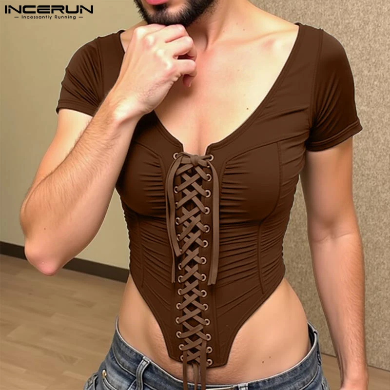 

INCERUN Sexy Tops Tee Men Short Sleeve Summer T-Shirts Streetwear Oversize Lace Up Tops Men's Clothing Fashion Irregular T Shirt