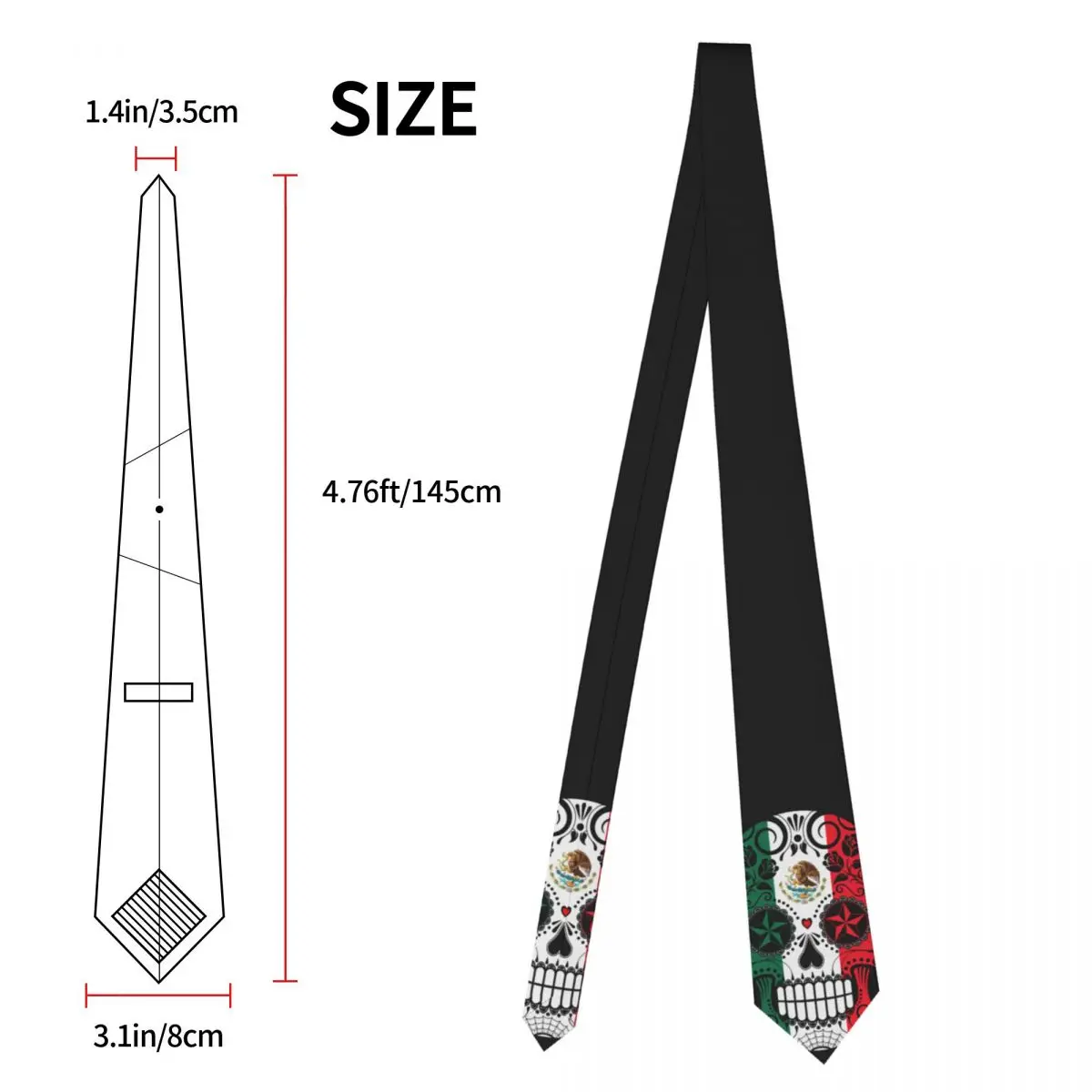 เนคไททรงสลิมลายหัวกะโหลกน้ำตาลกุหลาบและธงชาติเม็กซิโก ผ้าโพลีเอสเตอร์ กว้าง 8 ซม. สำหรับผู้ชายและผู้หญิง เหมาะสำหรับใช้เป็นเครื่องประดับในออฟฟิศ