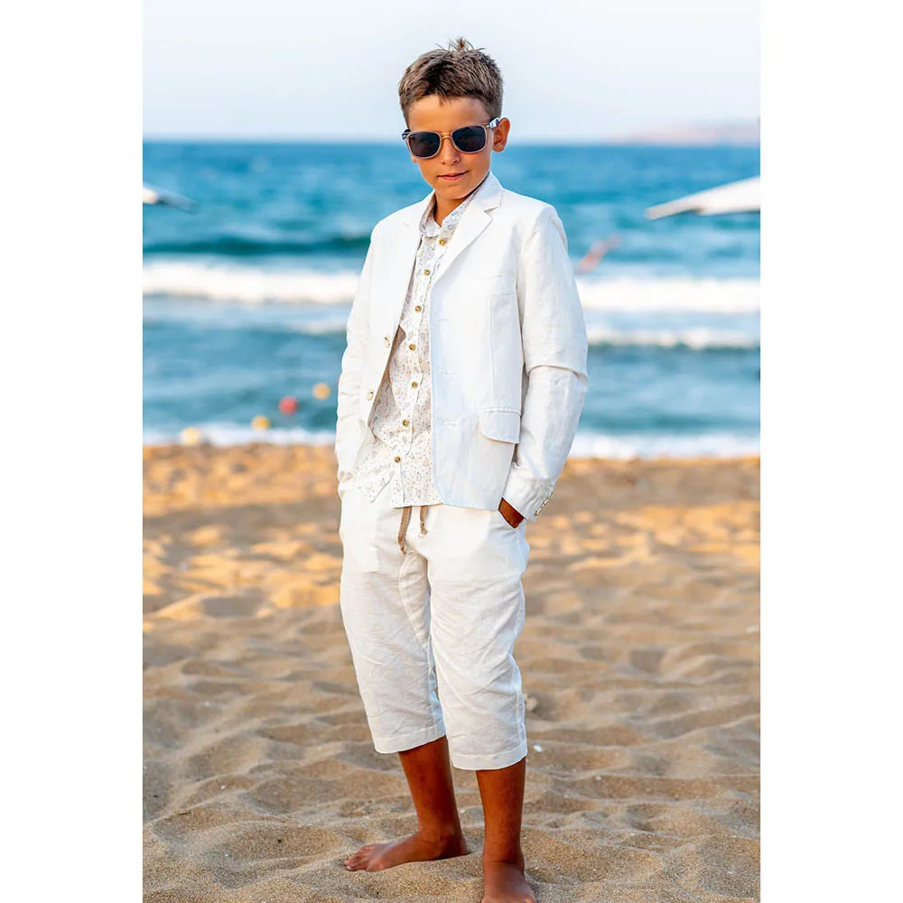 

White Linen Boy Suits Notch Lapel Single Breasted Sets Party Homecoming Formal Casual Daily Vacation Kids Clothes 2 Piece
