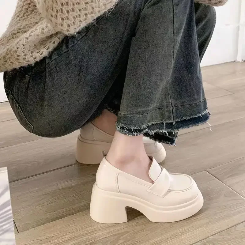 Women's Shoes French Style Thick Bottom White Leisure Flats 41 British Spring Autumn Mary Jane Small Leather Shoes 42