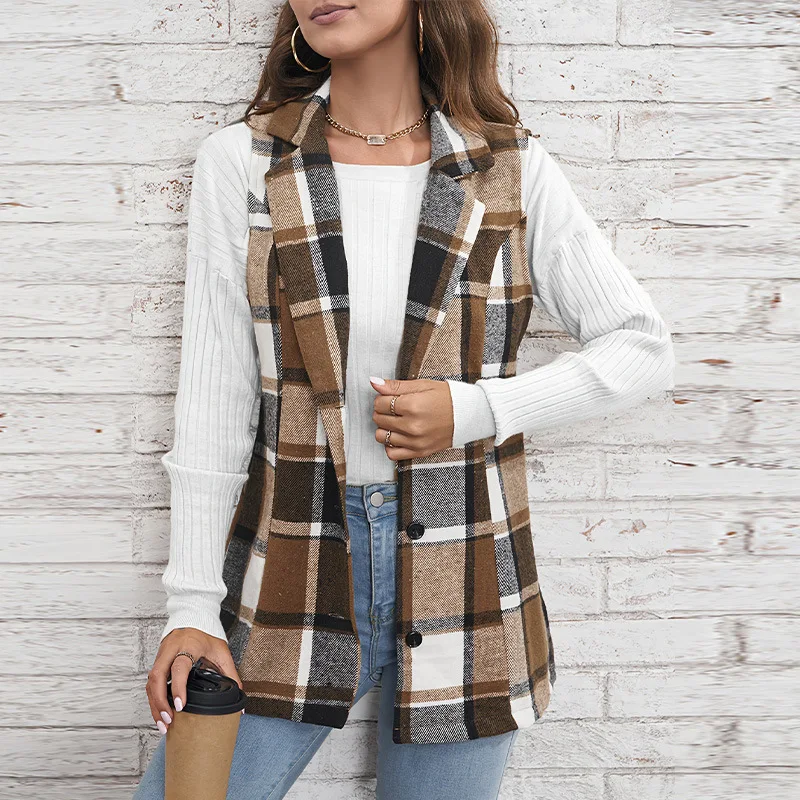 

Ele Plaid Women's Jaet Vest Cross-Border Svel Single Button Thi Polyester Fabric Folded Spring Autumn Faion